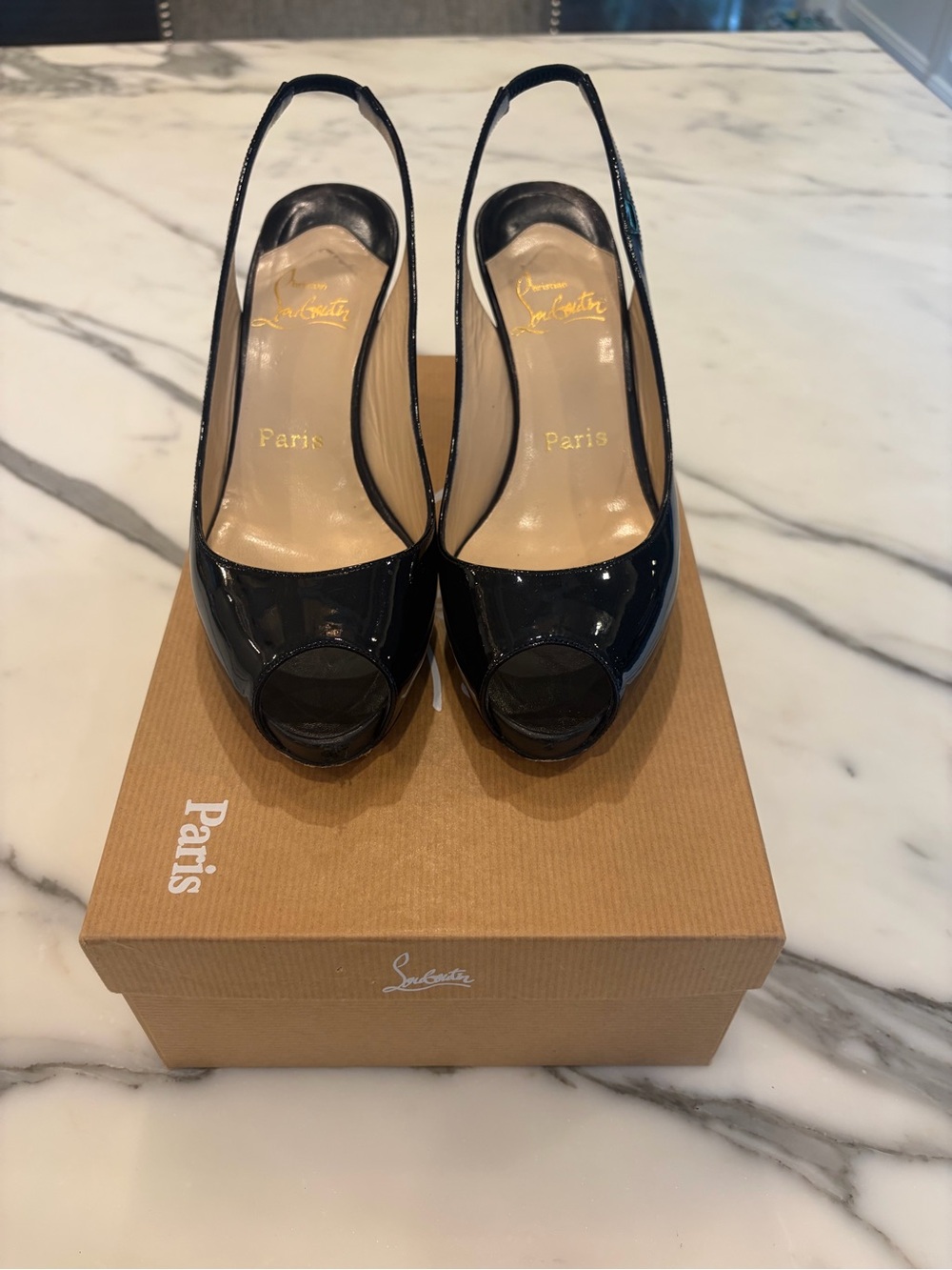 Christian Louboutin Black Patent Peep-Toe Pumps 3.4 inch heels